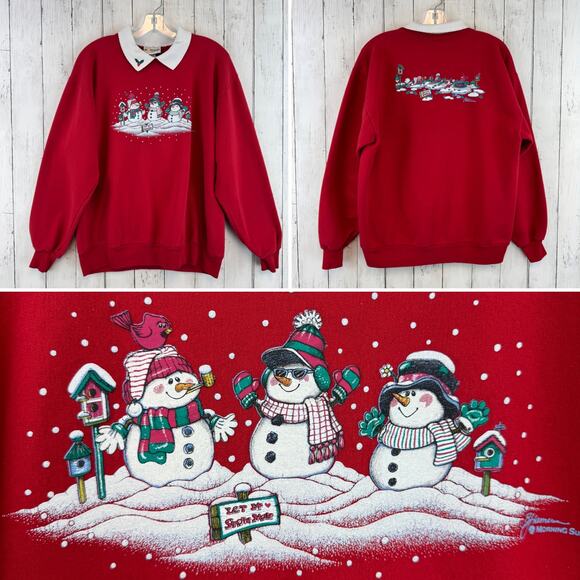 VTG Morning Sun Red Collared Snowman Winter Sweatshirt Grannycore Size Large - Picture 1 of 16
